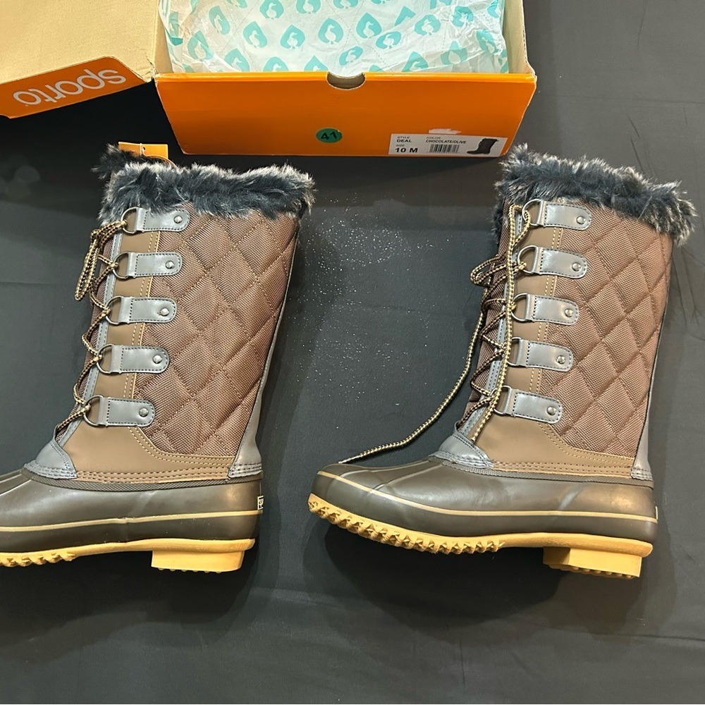 Sporto Deal Women's 10M Chocolate Olive Waterproof Tall Duck Snow Boots New